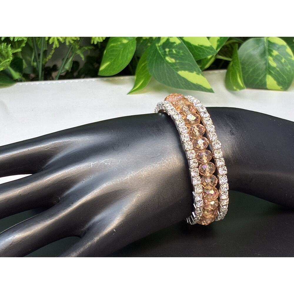 Vintage 3-Strand White And Champagne Colored Rhinestone Wrap Bracelet - Picture 4 of 7